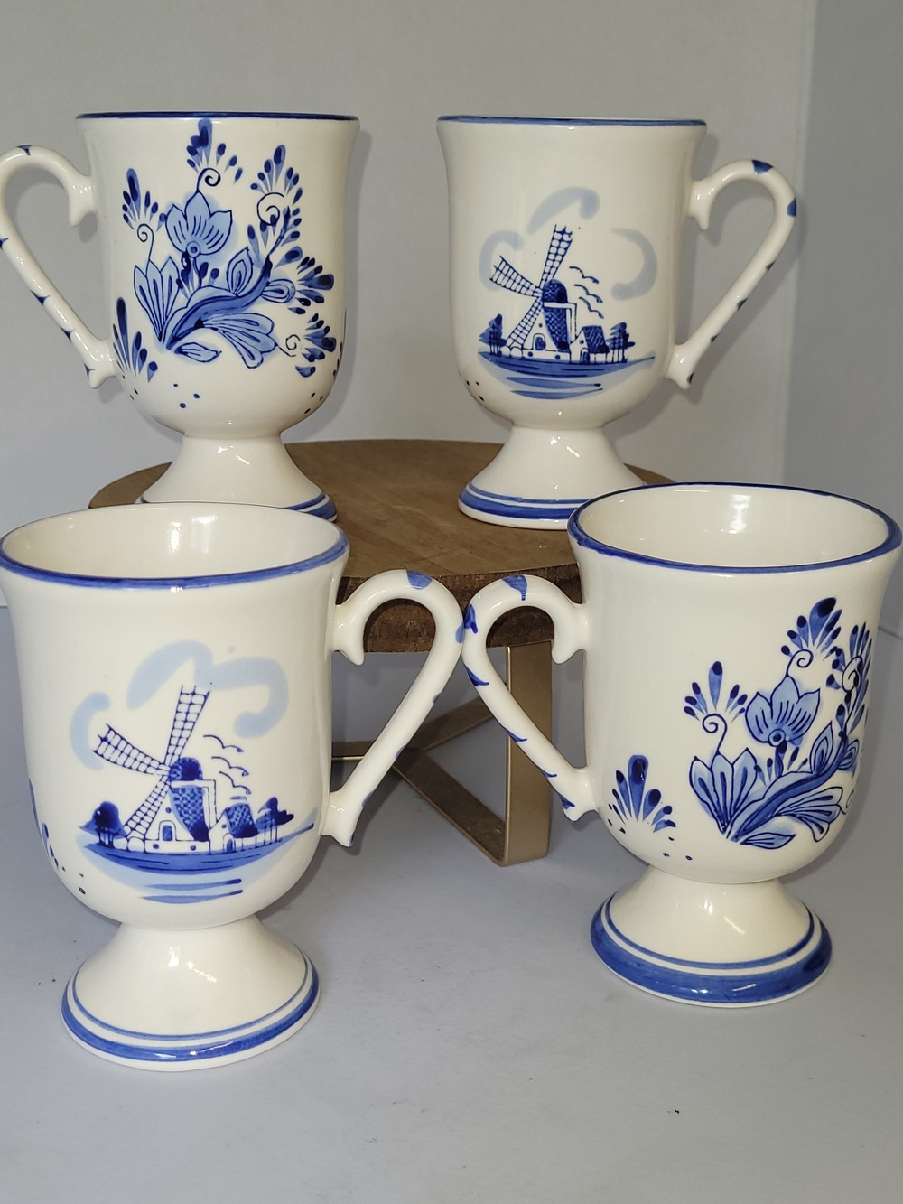 Blue & White Delft-Style Ceramic Pedestal Mugs - Set of 4